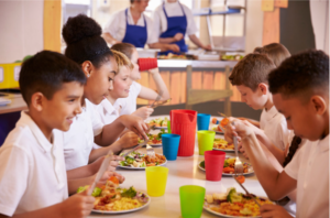 School children eating lunch together.